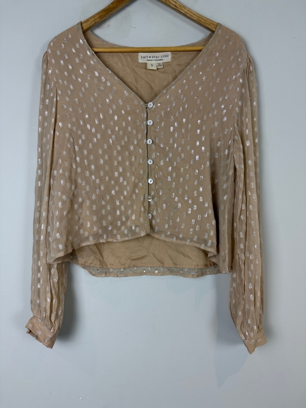 Saltwater LUXE Beige/Pink V-Neck Button Front Blouse with Metallic Dots